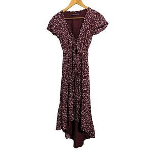 Abercrombie & Fitch Dress Women Burgundy Ruffle High Low Midi Tie Waist XS S
